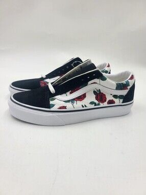 Vans Kids Old Skool Floral Skate Shoes - Black/White with Red Roses